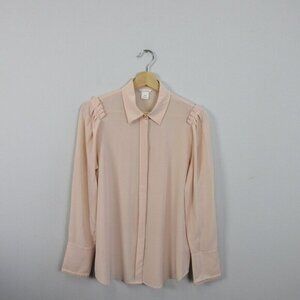 Club Monaco 100% Silk Button Up Blouse Women M‎ Peach Ruffle Long Sleeve Classy